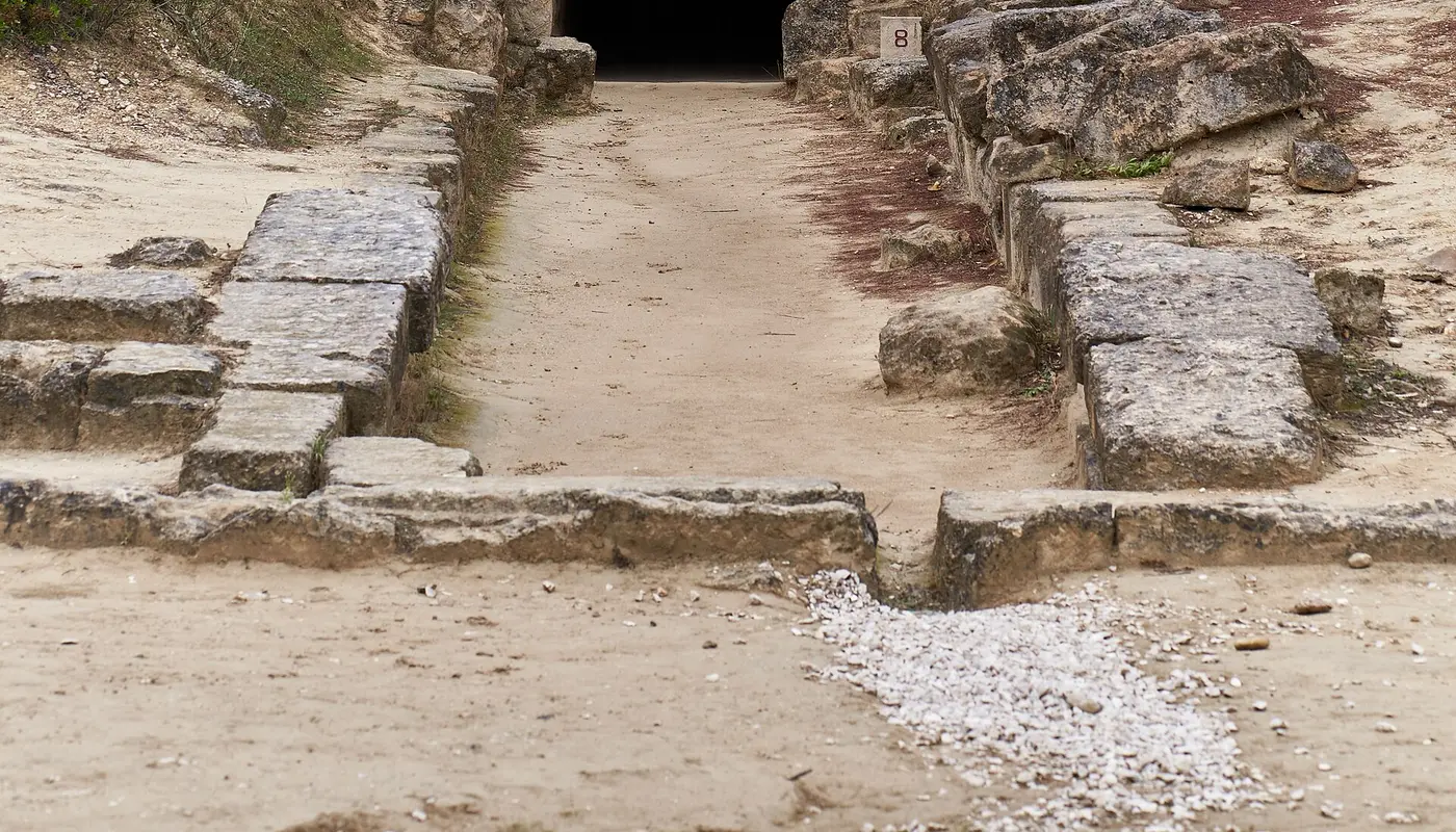 The vaulted tunnel entrance to the Stadium of Nemea from inside the stadium on 10 31 2019